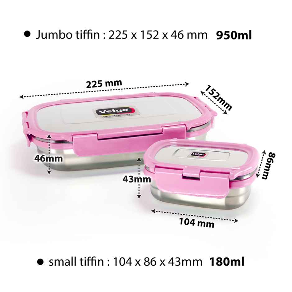 Veigo Jumbo - Stainless Steel Leak Proof Tiffin W/Veg Box(950+180 ml) For School,Office - Pink