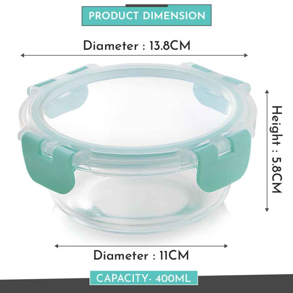 Magnus Glock 400 ml Round Green Container with Airtight Lid & Detachable Lock, Borosilicate Glass