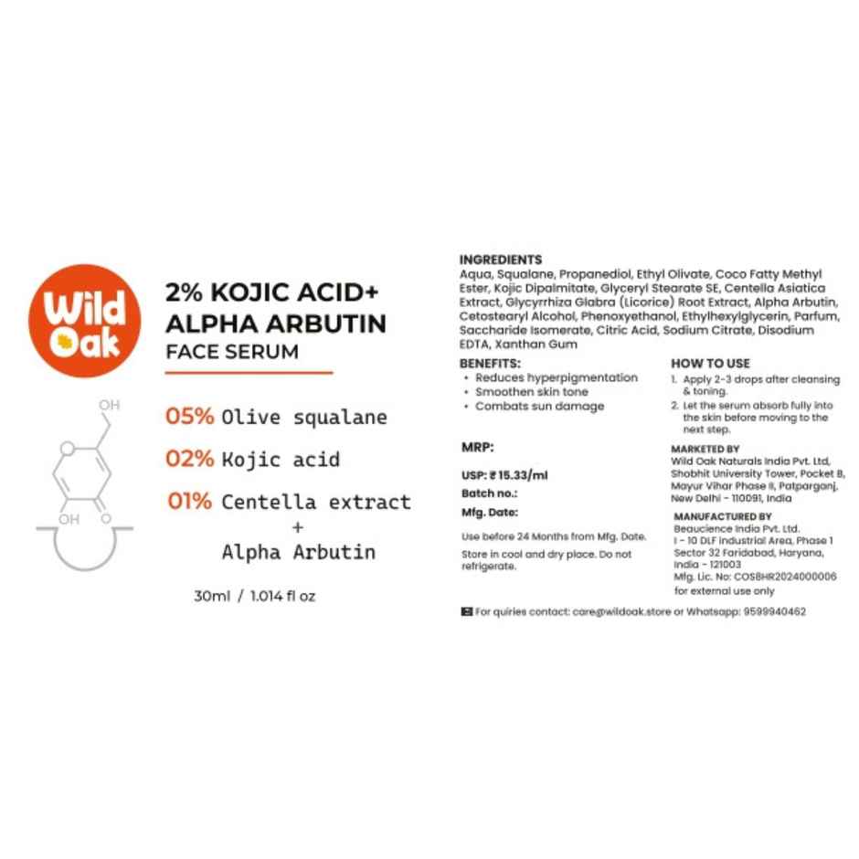 Wild Oak 2% Kojic + Centella Face Serum for Pigmentation, Brightening, Melasma, Repair & Dark Spot
