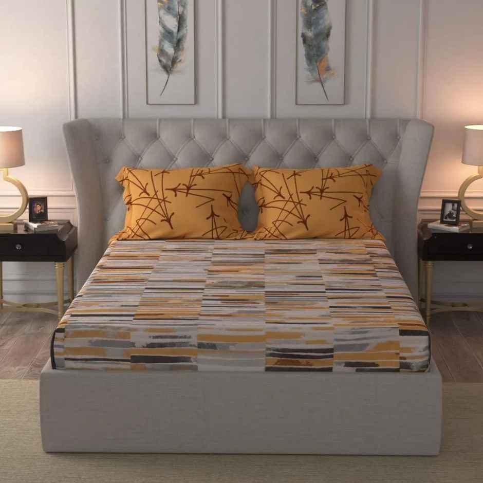 Urban Space 144 TC 100% Cotton Double Bedsheet with 2 Pillow Covers - Stripe Mustard