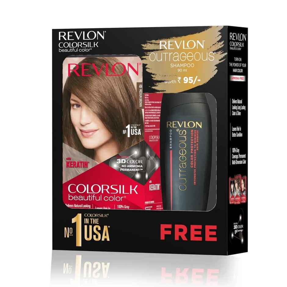 Revlon ColorSilk Hair Color with Keratin - 4N Medium Brown - (with Outrageous Shampoo 90 ml)