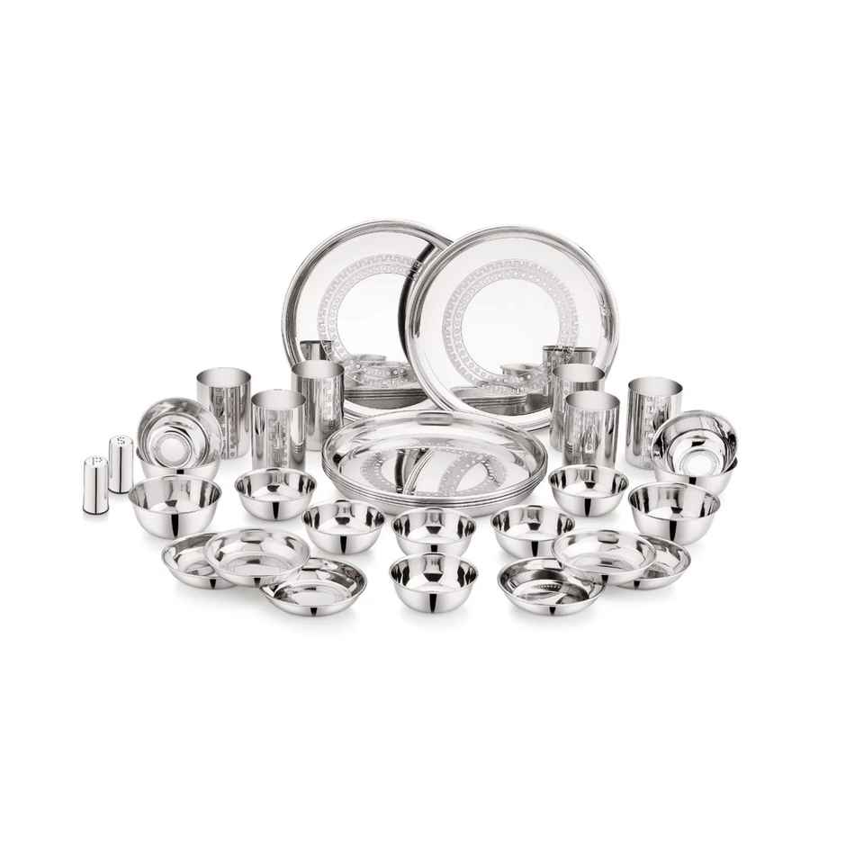 Stainless Steel Striped Dinner Set 6 Plate, 6 Dessert Plate, 6 Curry Bowl, 6 Glass (32 Piece)