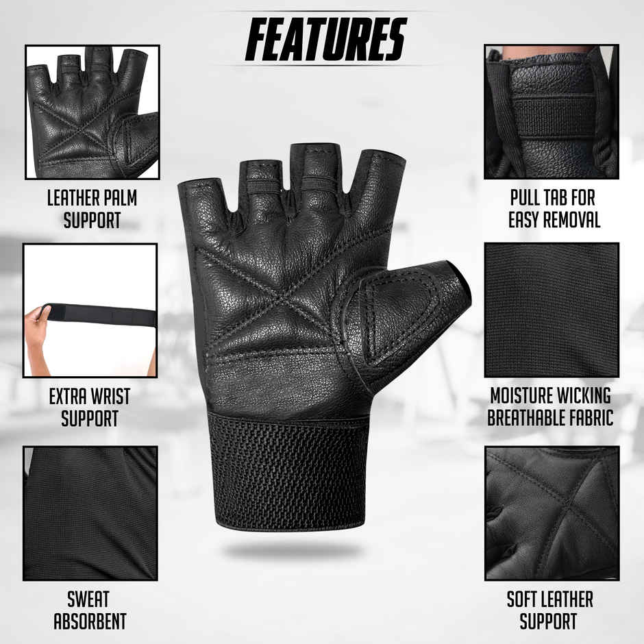 Slovic Leather Gym Gloves for Men & Women Weightlifting & Workout - Black