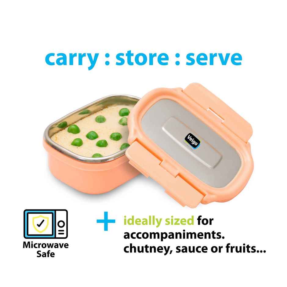 Veigo Heatup Small- Microwave Safe Stainless Steel Leak Proof Veg Box(180 ml) Peach Fuzz
