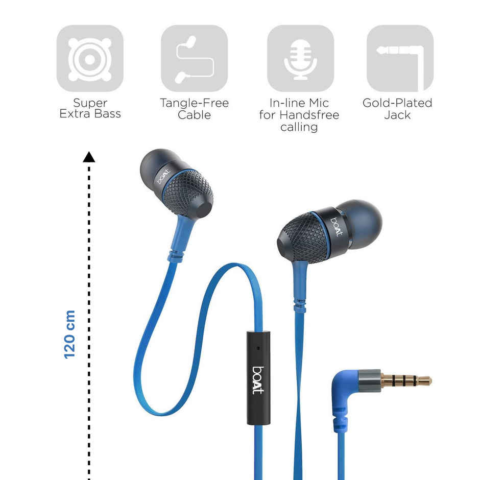 boAt Bassheads 220 in-Ear Wired Headphones with Mic, 3.5mm Audio Jack - Blue