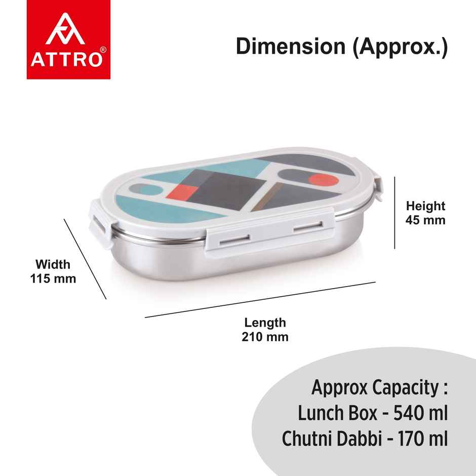 Attro Pluto Stainless Steel Lunch Box 540 + 170 ml - Airtight | Leak-Proof | Food Grade | Grey