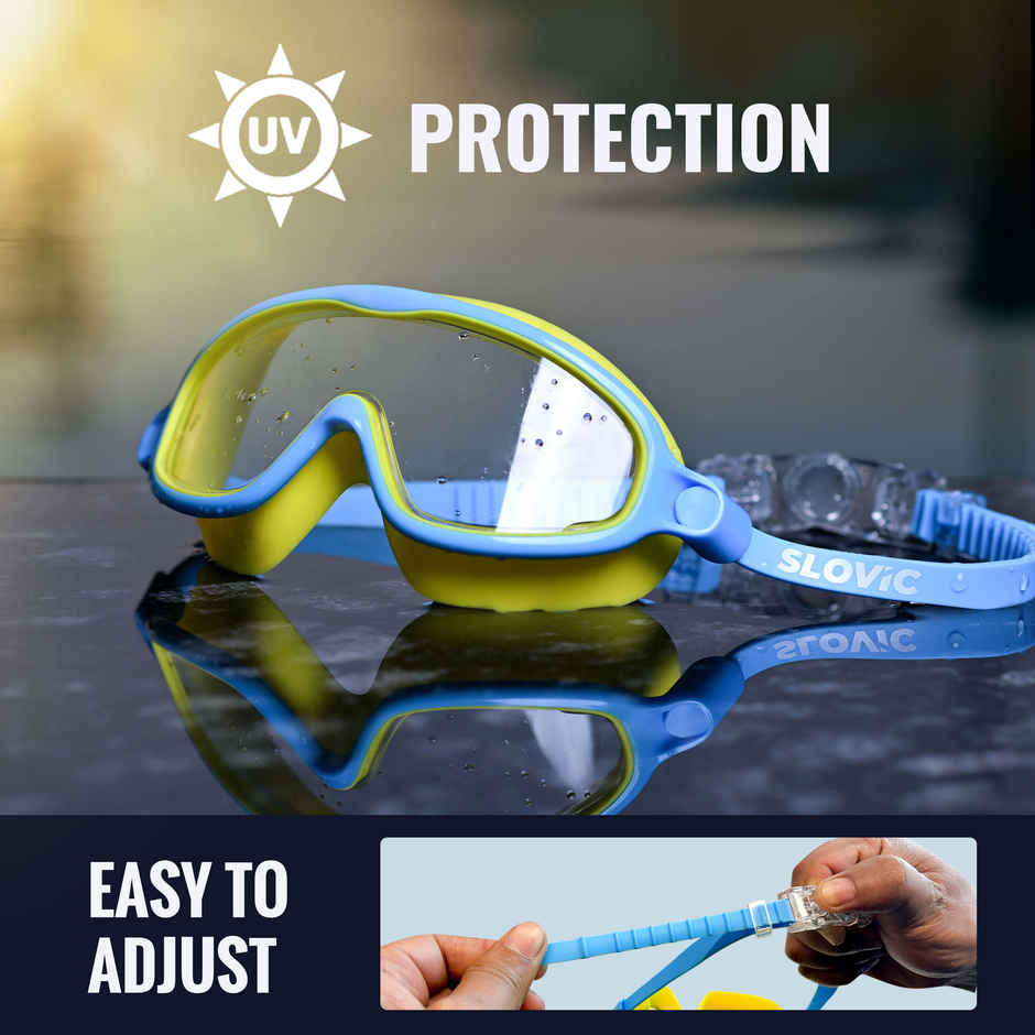 Slovic Kids Swim Goggles for Ages 6-14 with Ear Plugs with Anti-Fog & UV Protectection - Blue/Yellow