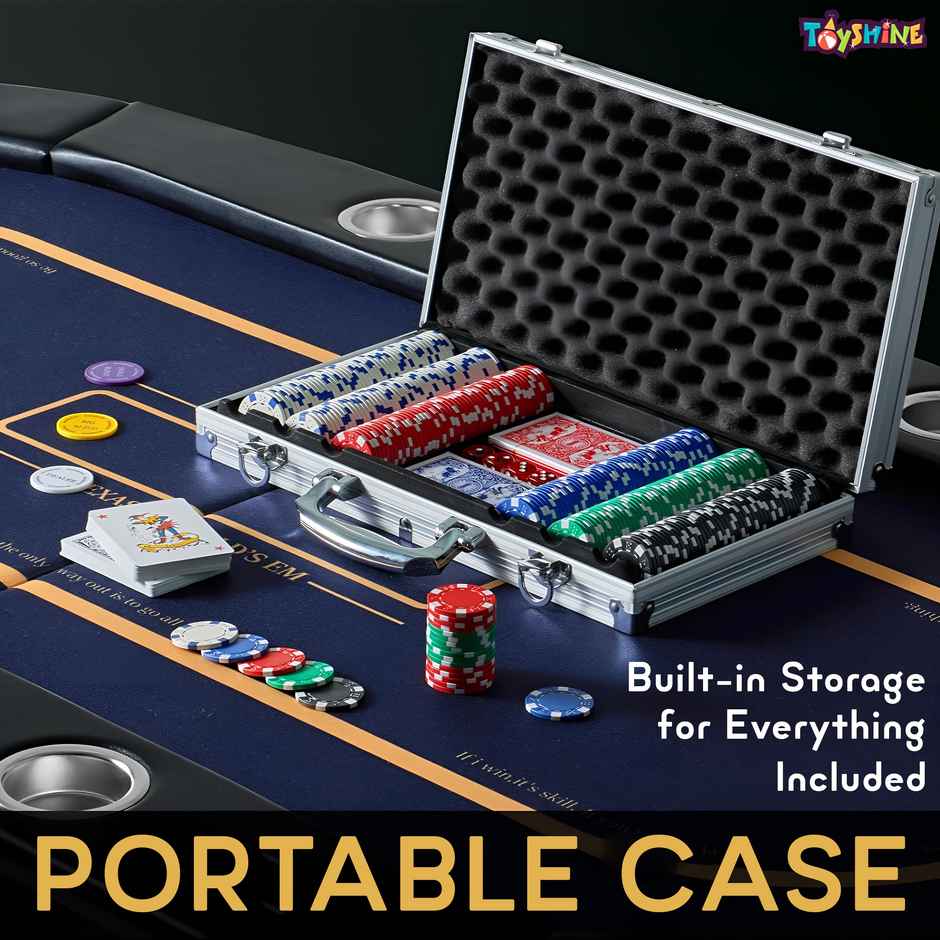 Toyshine Casino Style Poker Chips Set with Aluminum Finish Case, 2 Decks of Cards, 5 Dice, 1 Dealer Button - 300 Chip set