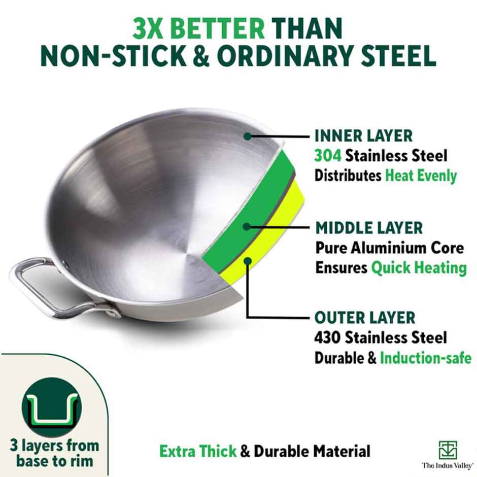 The Indus Valley Triply Stainless Steel Kadai with Glass Lid | Large 26cm/10.2 inch, 3.5L, 1.3kg