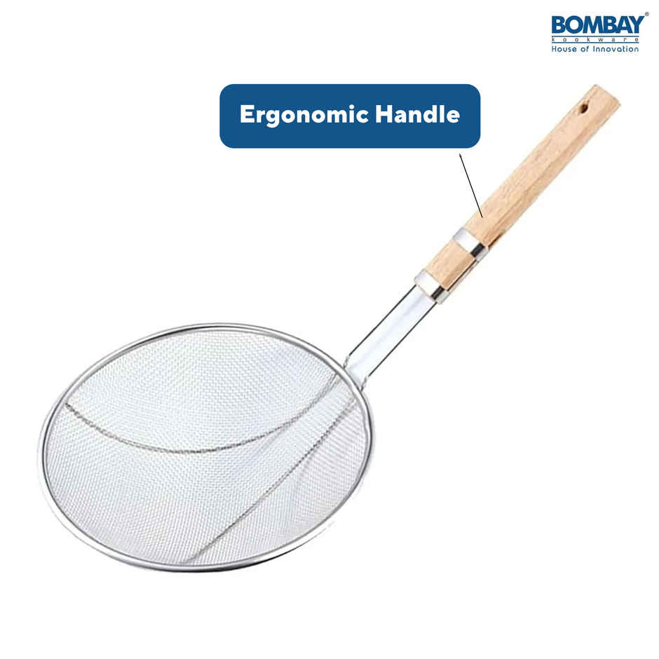 Stainless Steel Deep Fry Net Spoon Oil Strainer with Wooden Handle Jhara for Kitchen