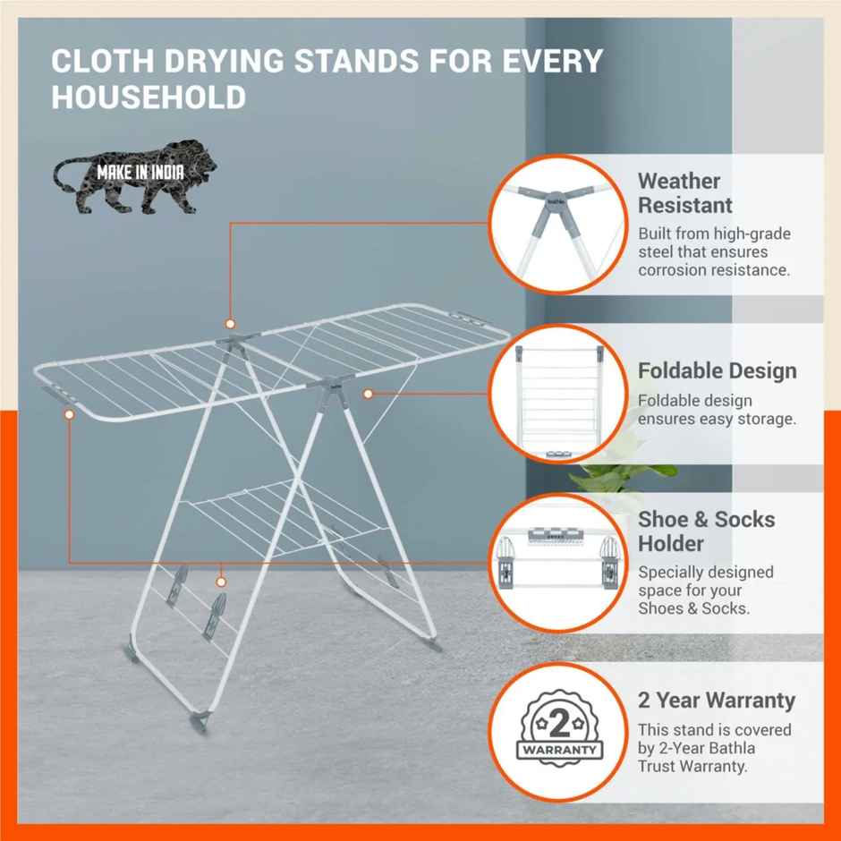 Bathla Foldable Cloth Drying Stand for Home - Neo | Steel | Heavy Duty, Lightweight | Grey