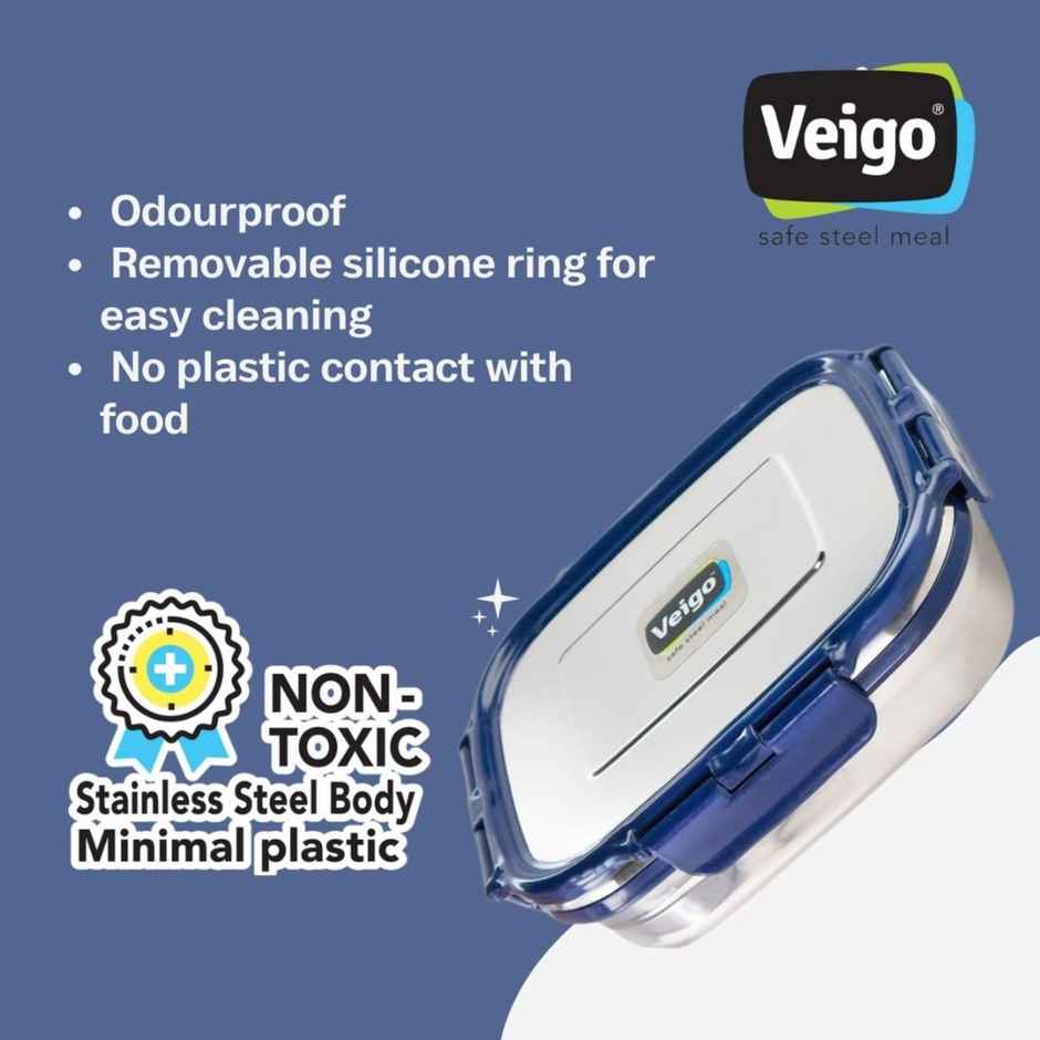 Veigo Large - Stainless Steel Leak Proof Tiffin Box (630 ml) Compact For Outdoors Navy Blue