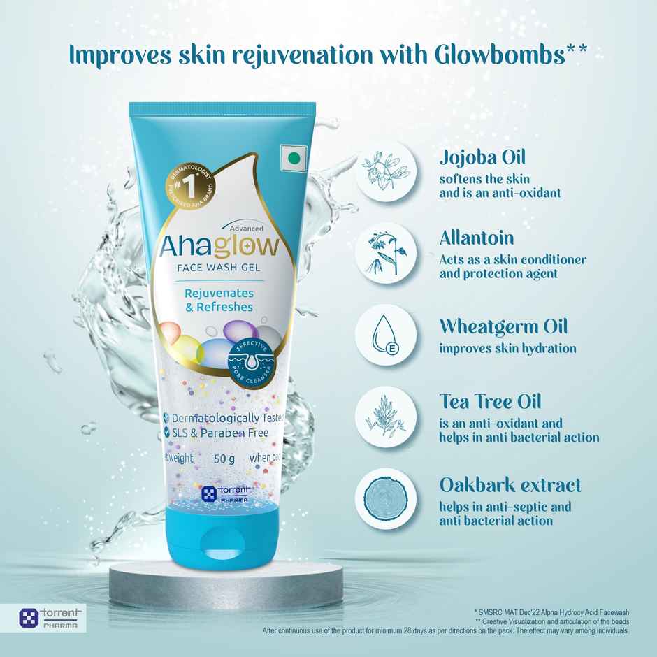 Ahaglow Advanced Face Wash Gel With Aha | Glow Bombs | Jojoba | Tea Tree Oil | Allantoin