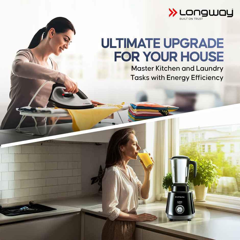 Longway Roto Max 500W Mixer Grinder + 1100W Dry Iron | 3 Jars | Powerful Motor Combo|2-Yr Warranty