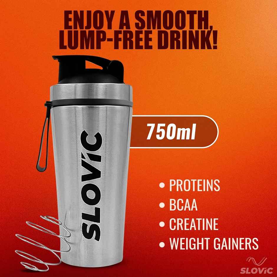Slovic 750ml Stainless Steel Shaker Bottle for Gym with Leakproof Lid & Blender Ball - 100% BPA Free