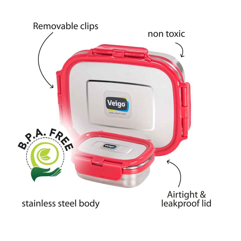 Veigo Large W/Veg Box Stainless Steel Leak Proof Tiffin Box (630+180 ml) For School,Office - Red