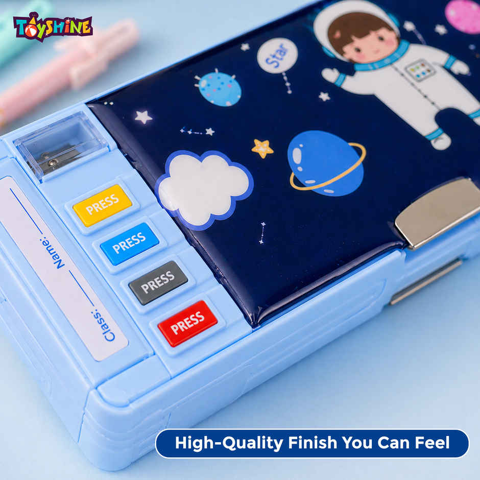 Toyshine Multi Compartment Button Operated Space Pencil Box with Pen Stand In-built For Kids - Blue