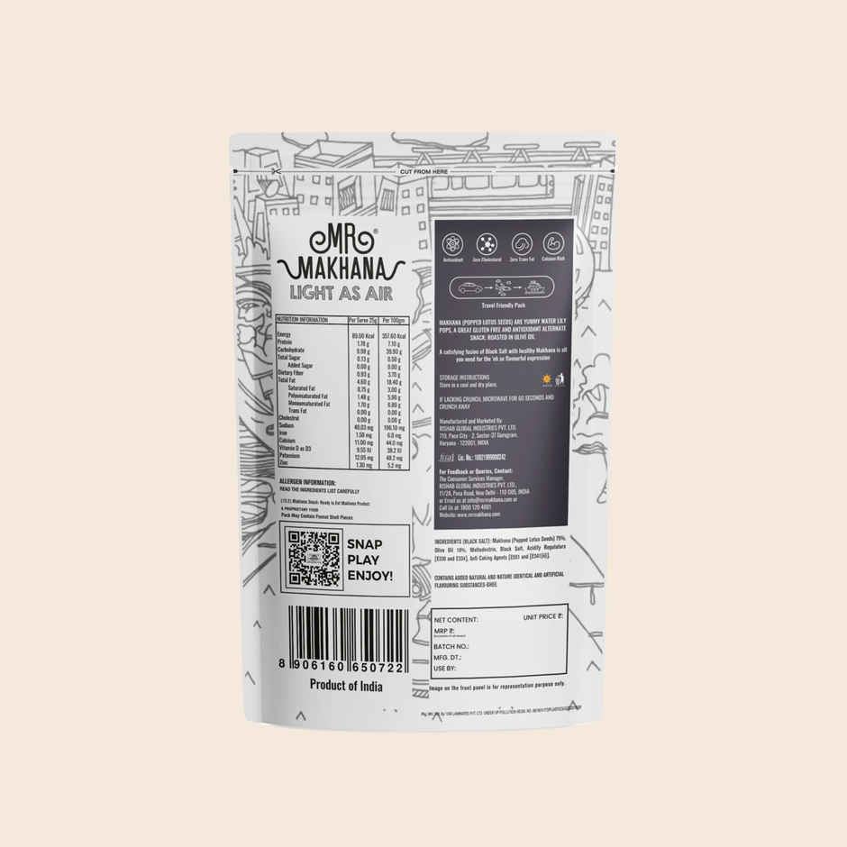 Mr Makhana Fox Nuts Black Salt | Delicious Teatime Snack, Popped Lotus Seeds, Roasted In Olive Oil