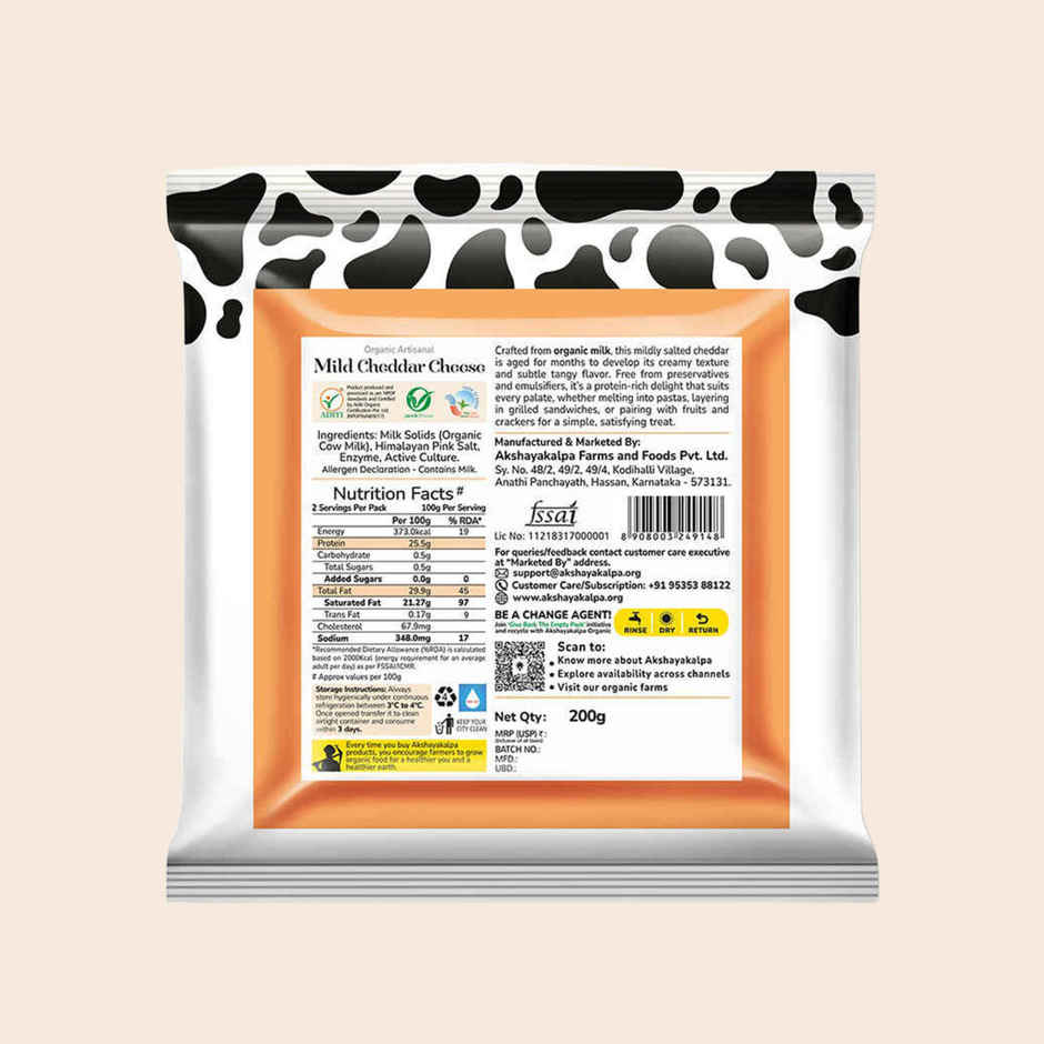 Akshayakalpa Organic Artisanal Mild Cheddar Cheese 200 Gms