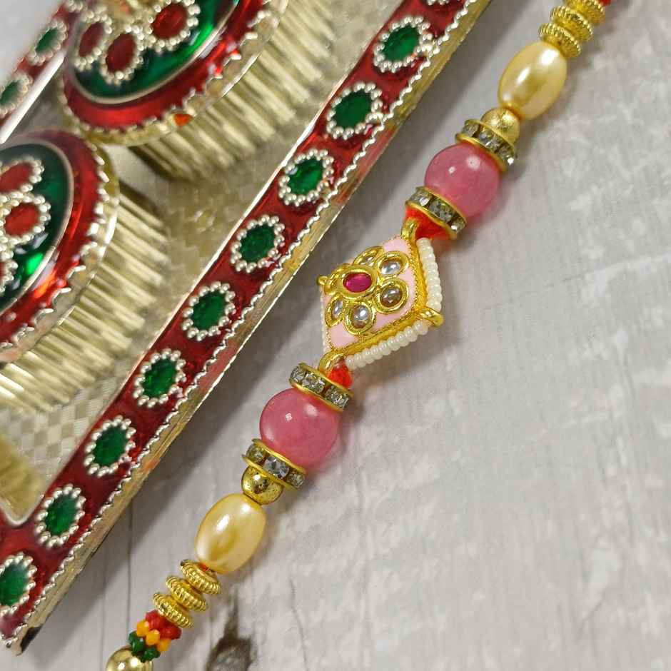 Gullak Beaded Kundan Pink Minakari Rakhi - Colorful and Artistic