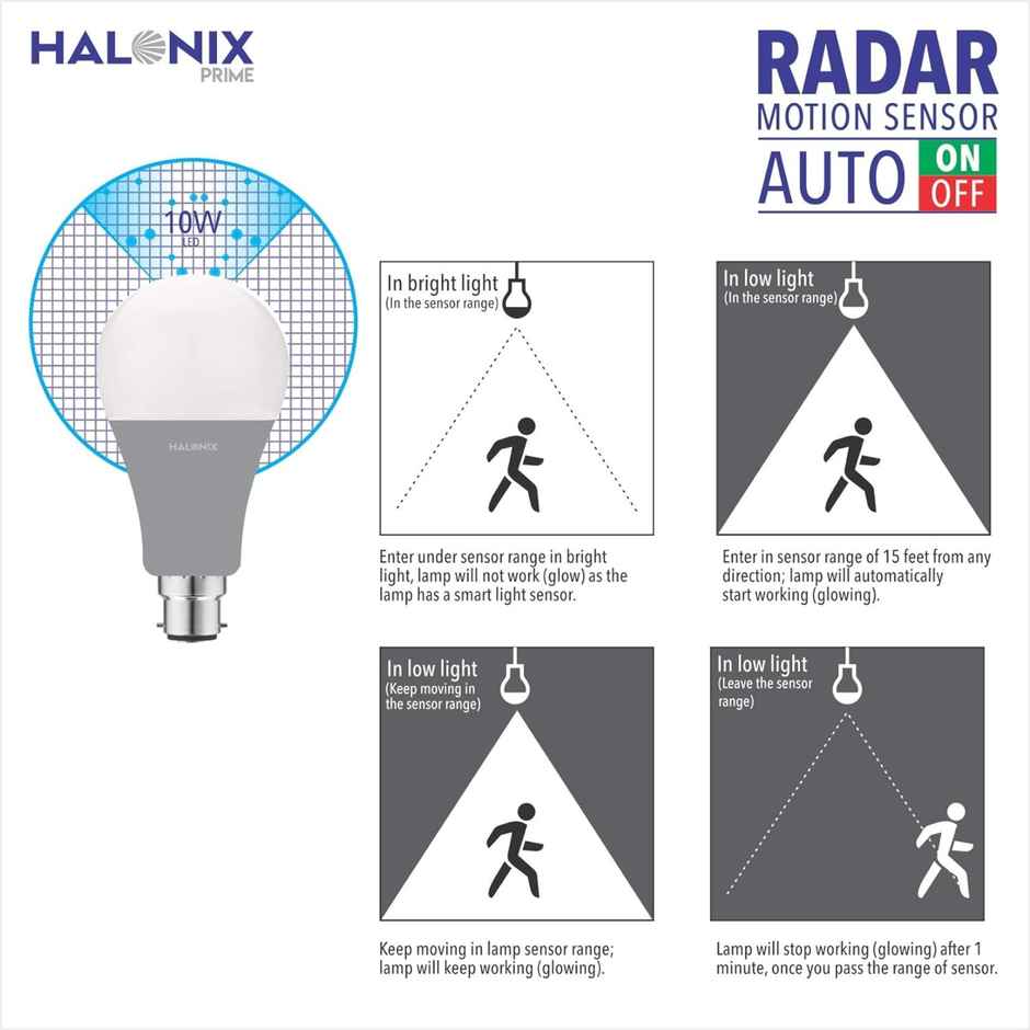 Halonix 10W AutoOn Auto Off Motion Sensor, White Led Bulb | B22 Base Holder