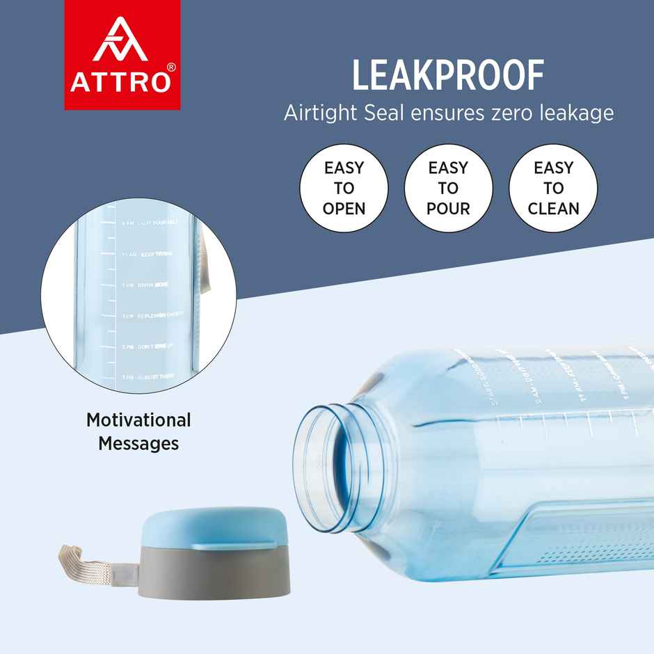 Attro Ultra Pro Motivational 2 L Water Bottle | BPA-Free | Leak-Proof | Nylon Strap - Blue