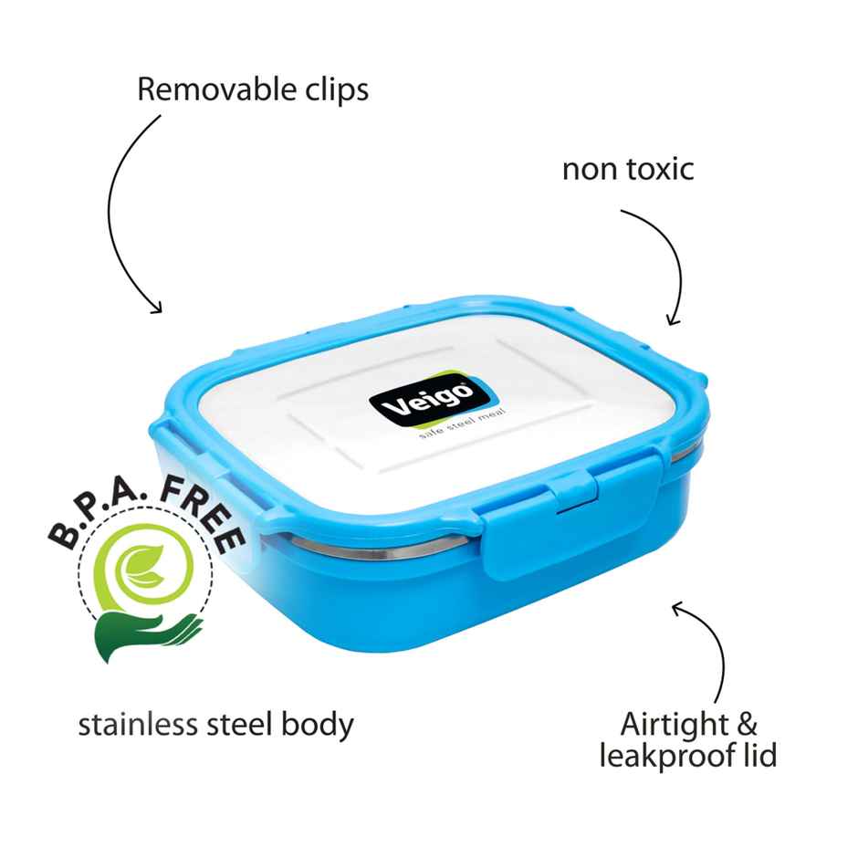 Veigo Heatup Large - Microwave Safe Stainless Steel Leakproof Tiffin Box (630Ml) Fresh Blue