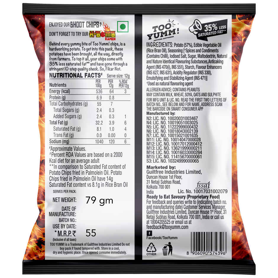 Too Yumm Smoking Hot Bhoot Potato Chips, No Palm Oil Healthy Spicy Chips, 35% Less Saturated Fats