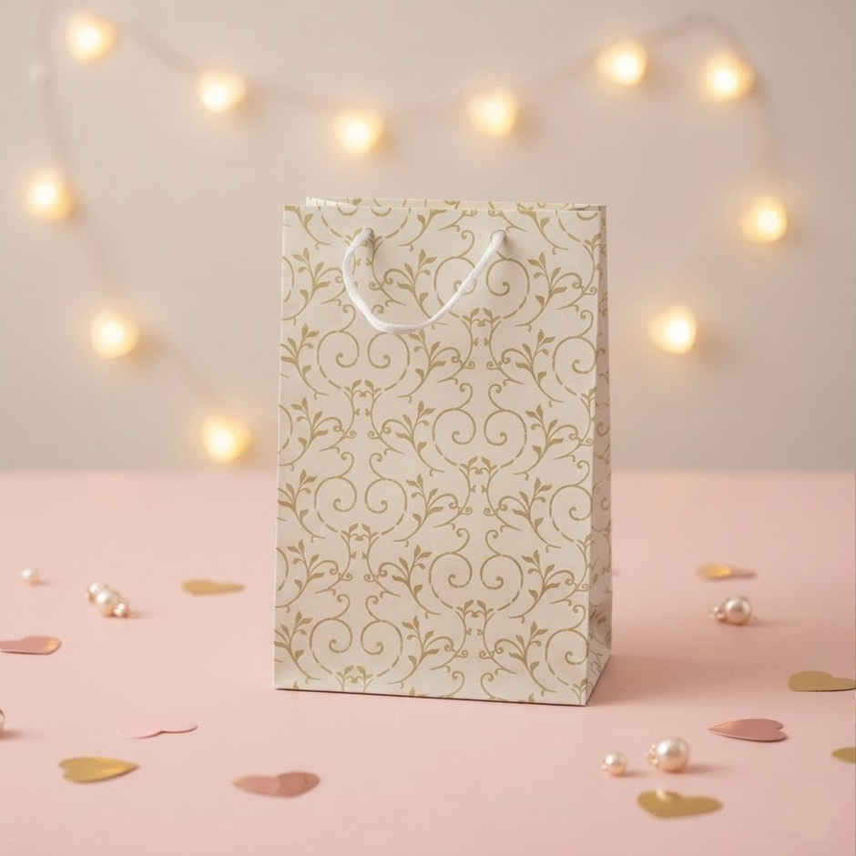 Itsy Bitsy Gift Bags Floral Swirls Ivory Shimmer L33.5 x W21.5 x D9.2cm Gol