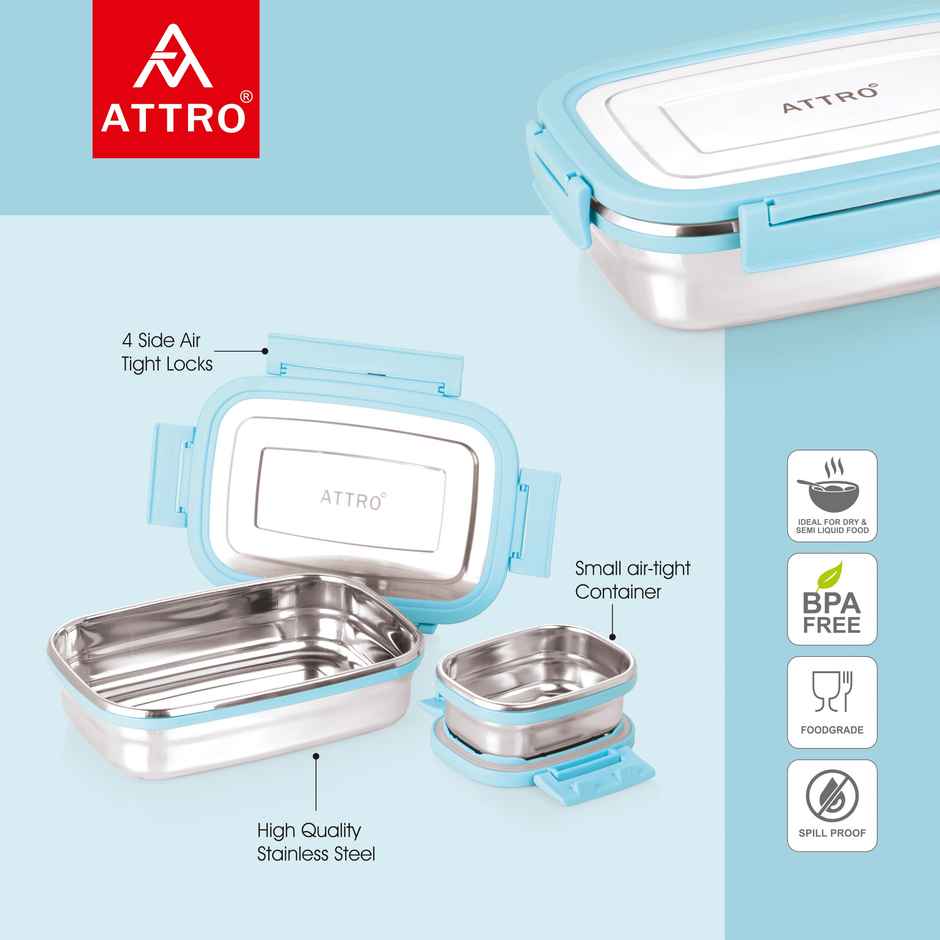 Attro Click Eat Junior Stainless Steel Lunch Box with 1 Small Box - 650 + 140 ml Sky Blue