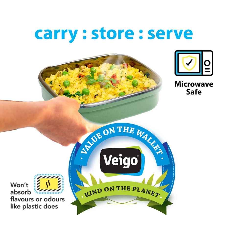 Veigo Heatup Large - Microwave Safe Stainless Steel Leakproof Lunch Box | 630ml Military Green