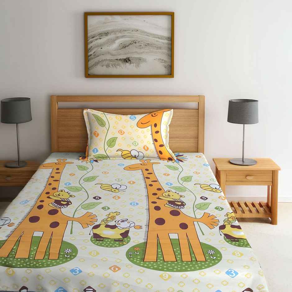 Arrabi Multi Kid's Cartoon Bedsheet With 1 Pillow