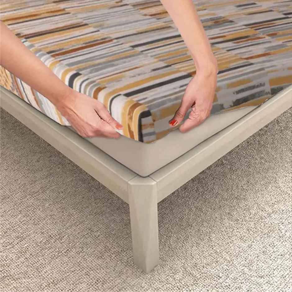 Urban Space 144 TC 100% Cotton Double Bedsheet with 2 Pillow Covers - Stripe Mustard