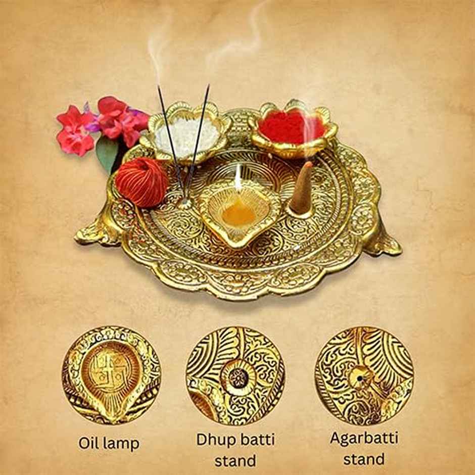 Pooja Thali Set 2+1 | Gold Polish | Medium Size | Devnidhi