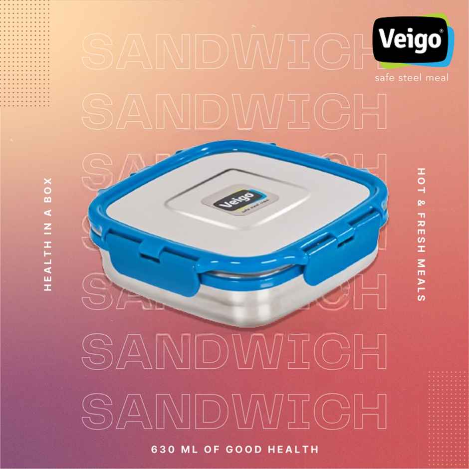 Veigo Sandwich- Stainless Steel Leakproof Lunch Box Square | 630 ml Compact for Outdoors- Dark Blue
