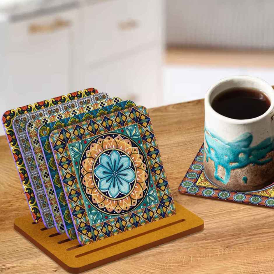 Itsy Bitsy Mdf Coasters With Stand Set of 6 4 x 4 Inch 1.9mm Thick 7 Pc Lb