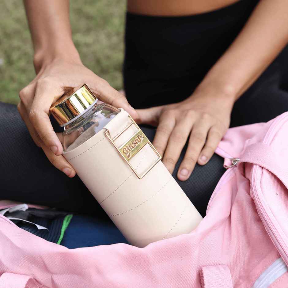 Glasafe Vego Sip Borosilicate Glass Bottle With Protective Vegan Sleeve | Bare Beige 750 ml