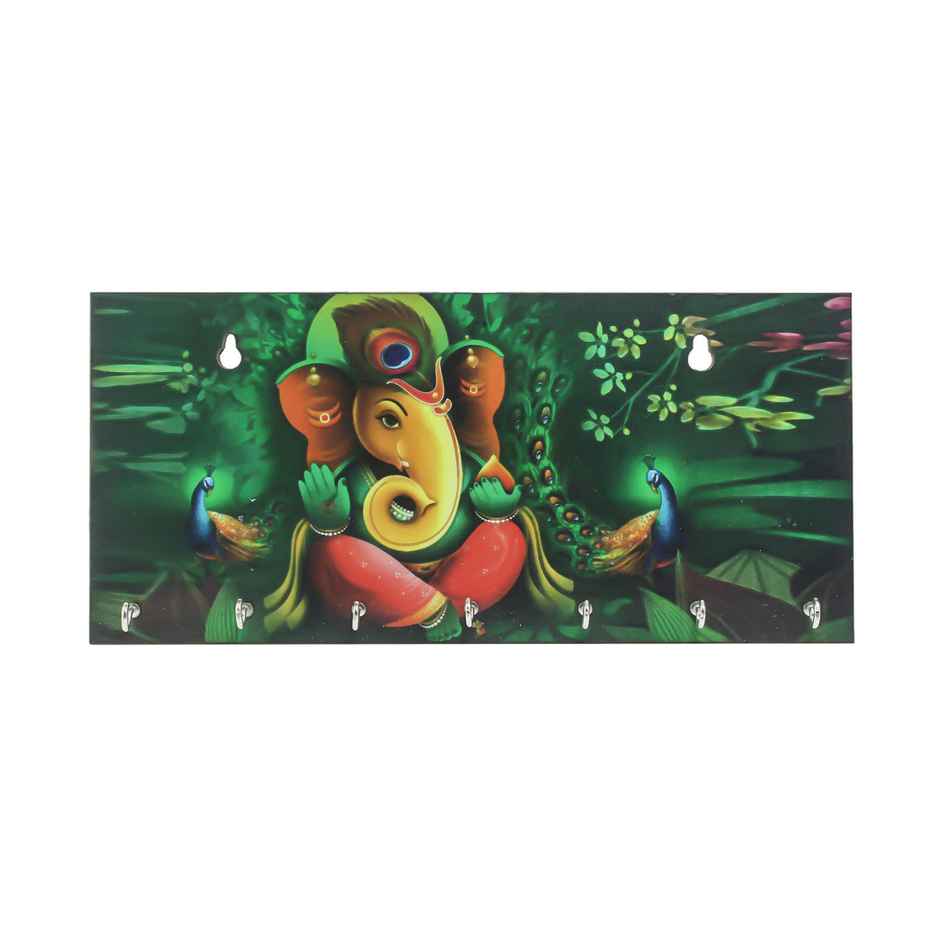 eCraftIndia Lord Ganesha With Peacock Designer Wooden Key Holder With 7 Hooks For Wall