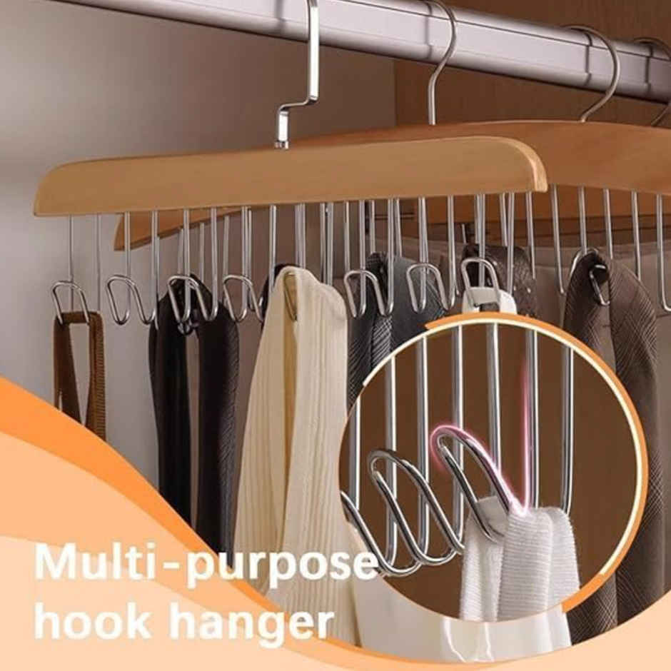 Perpetual Wooden Hangers | Adjustable 8-Hook Wardrobe Hanger for Accessories | Pack of 3