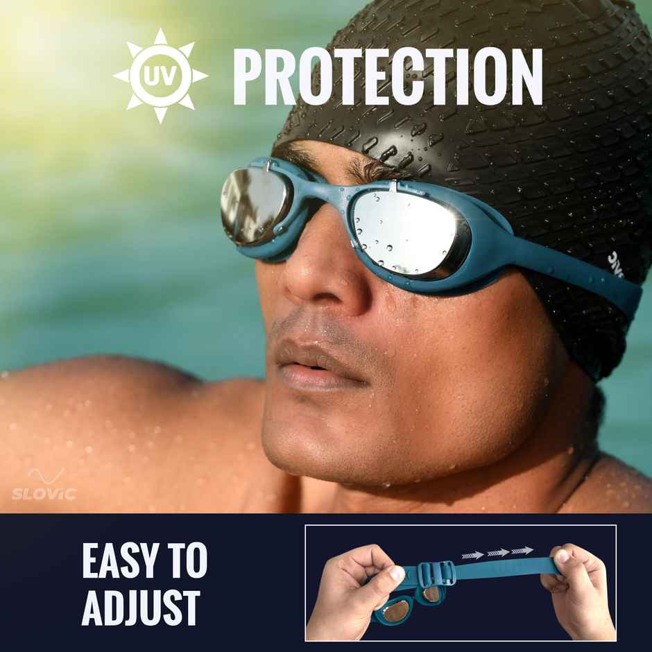 Slovic Unisex Swimming Goggles UV Protected & Anti-Fog Coated with Adjustable Straps | Dark Blue