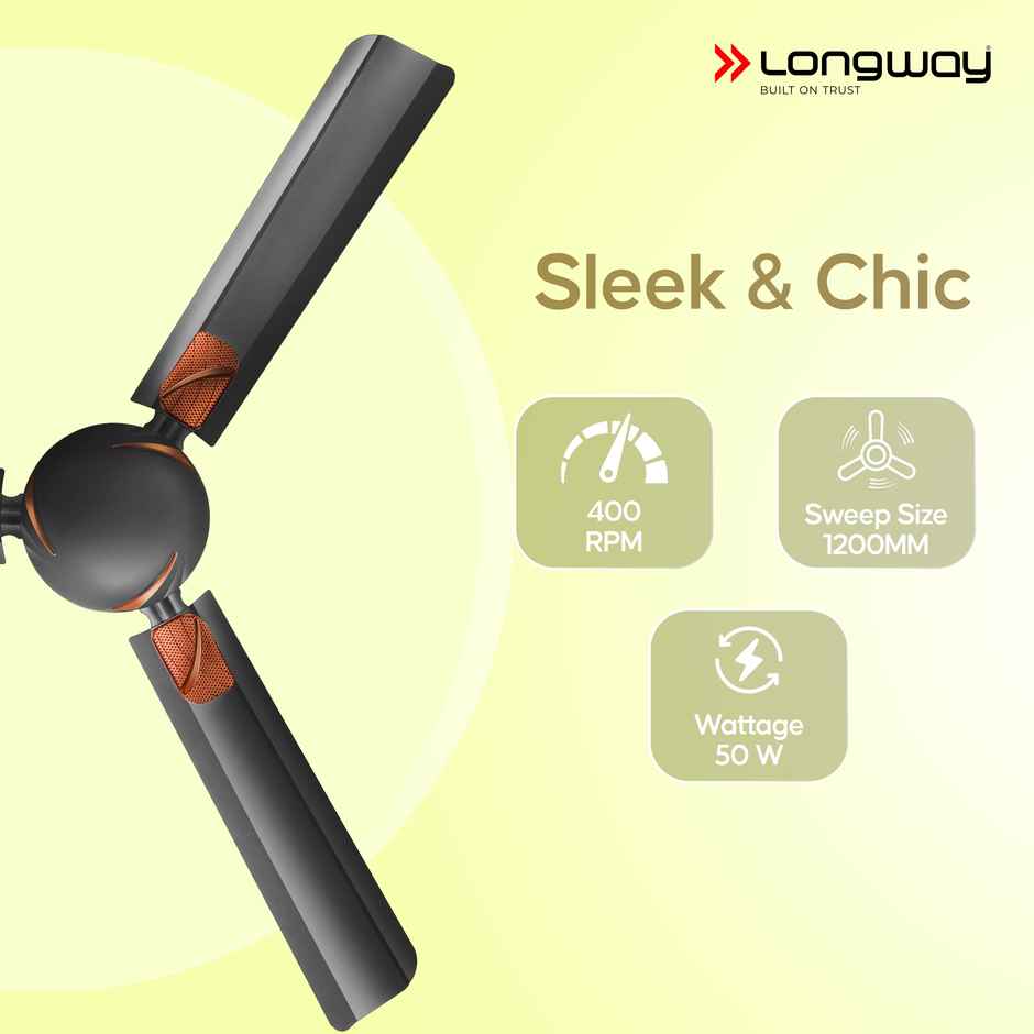 LONGWAY Creta P1 50W Ceiling Fan, 1200mm/48 inch, Ultra High Speed, Anti-Dust, Star Rated - Smoked Brown