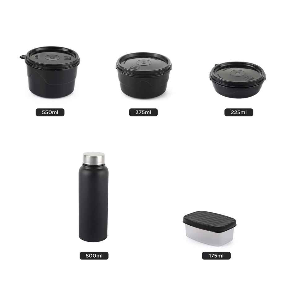 Cello MF All in One Lunch Box 5 with Bag, Black | 3 Containers Steel, 1 Pickle Box and 1 Bottle