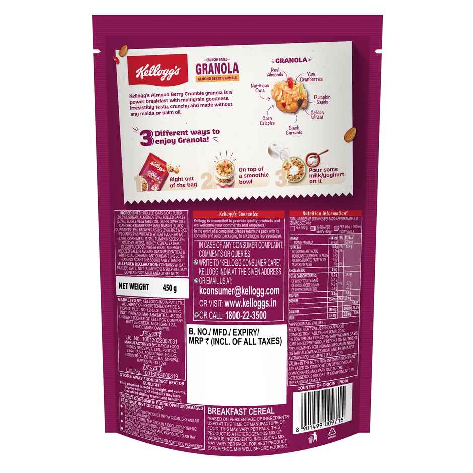 Kellogg's Crunchy Granola Almond Berry Crumble | 12-In-1 Power Breakfast | No Maida | No Palm Oil