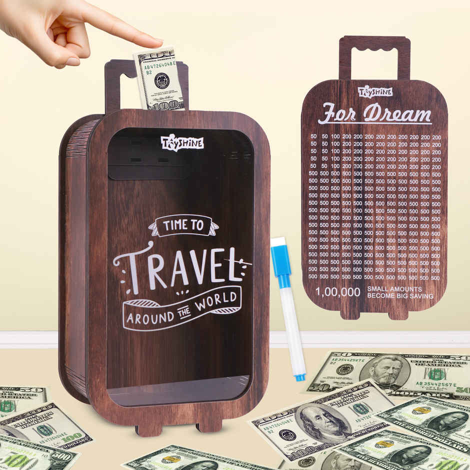 Toyshine Wooden Suitcase Piggy Bank with 1 Lakh Savings Challenge for Kids & Adults