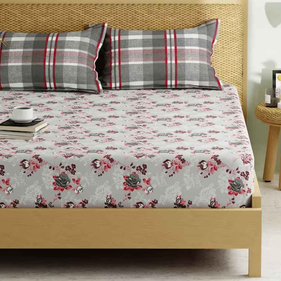 Kopa Extra Smooth Micro Double Bedsheet With 2 Pillow Covers | Set of 3 | Lorenzo Floral - Grey Red