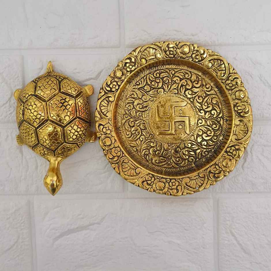Devnidhii Tortoise/ Turtle/Kachua Big Size on Swastik Plate Vastu Feng Shui in Gold Polish