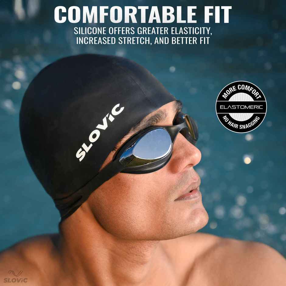 Slovic Black Silicone Swimming Cap for Adults | Waterproof, Stretchable & Comfortable Fit|Free Size