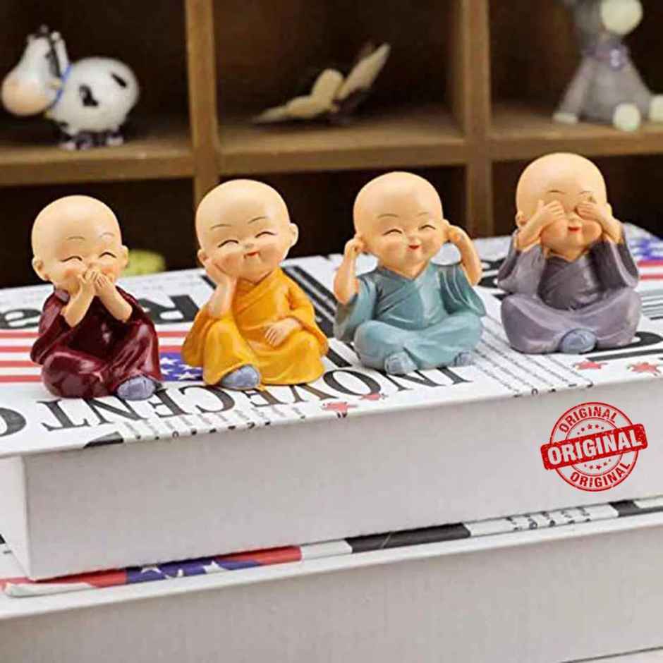 Tied Ribbons Miniature Buddha Monks For Home Decor & Car Dashboard | Polyresin | Multicolor