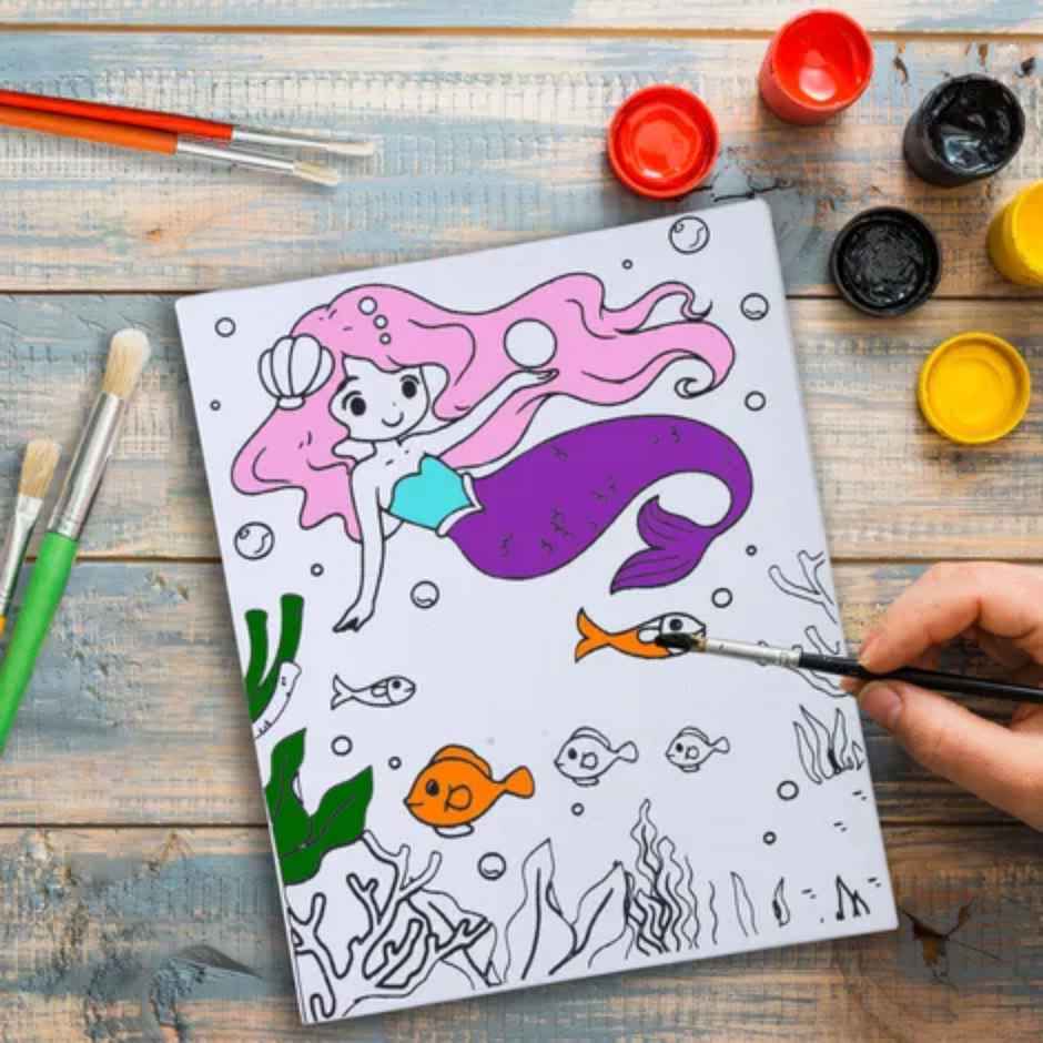 Itsy Bitsy Pre -printed Canvas With Colours Mermaid World Painting Kit 8 x 10 Inch SW LB