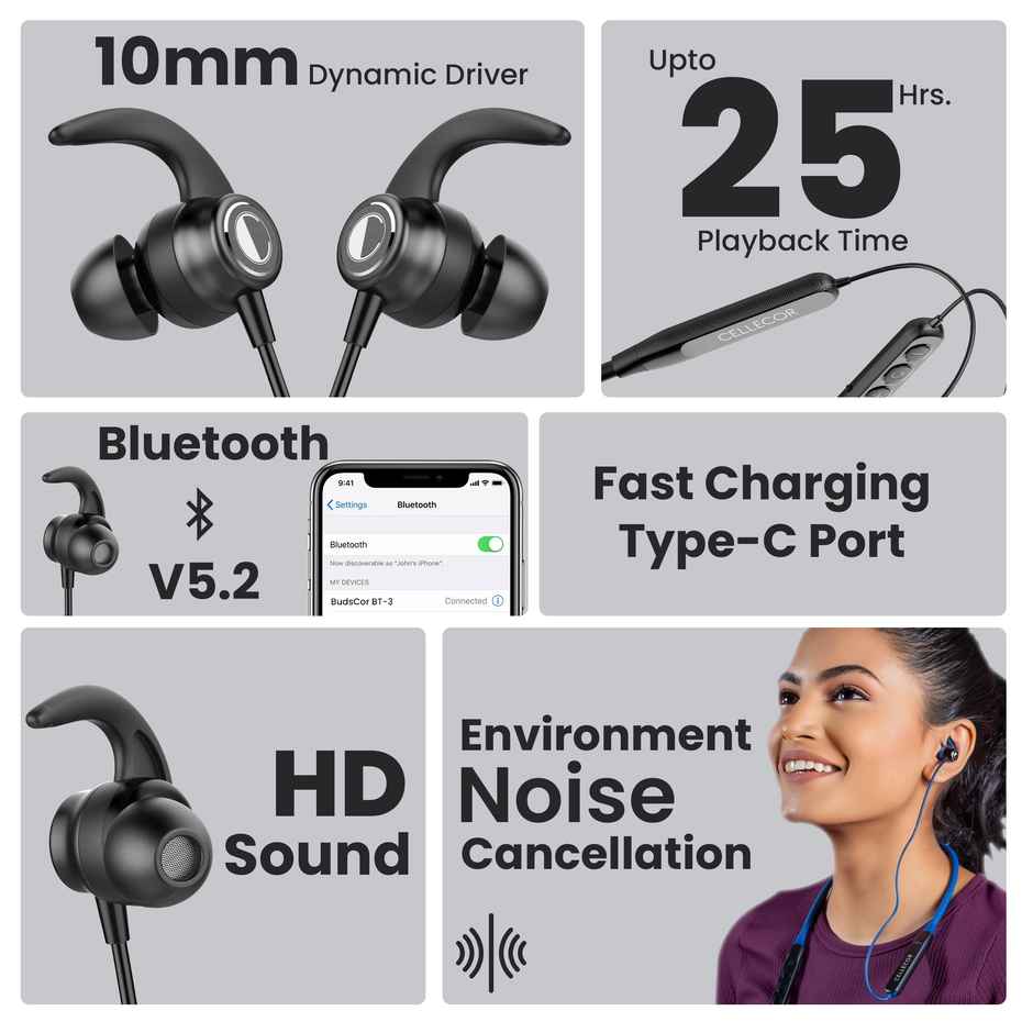 Cellecor Bt - 3 Wireless Bluetooth Earphone Neckband Magnetic Earbuds Black